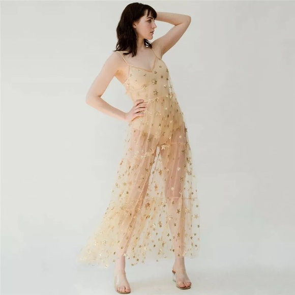Golden Galaxy Sparkle Mesh Maxi Dress Cover Up - Picture 1 of 6